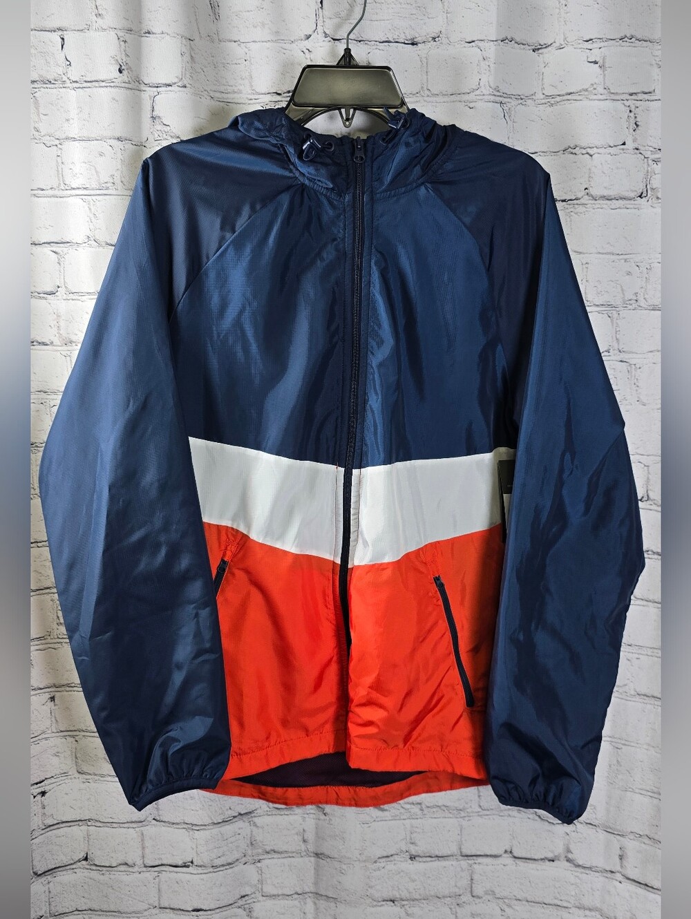 Russell Men's Navy, White & Red Colorblock Windbreaker Jacket Size Small